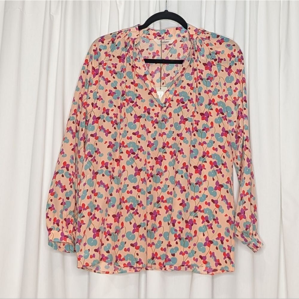 Tucker NYC Long Sleeve Polo Blouse Cherry Bloom Large Floral in Crepe de Chine
